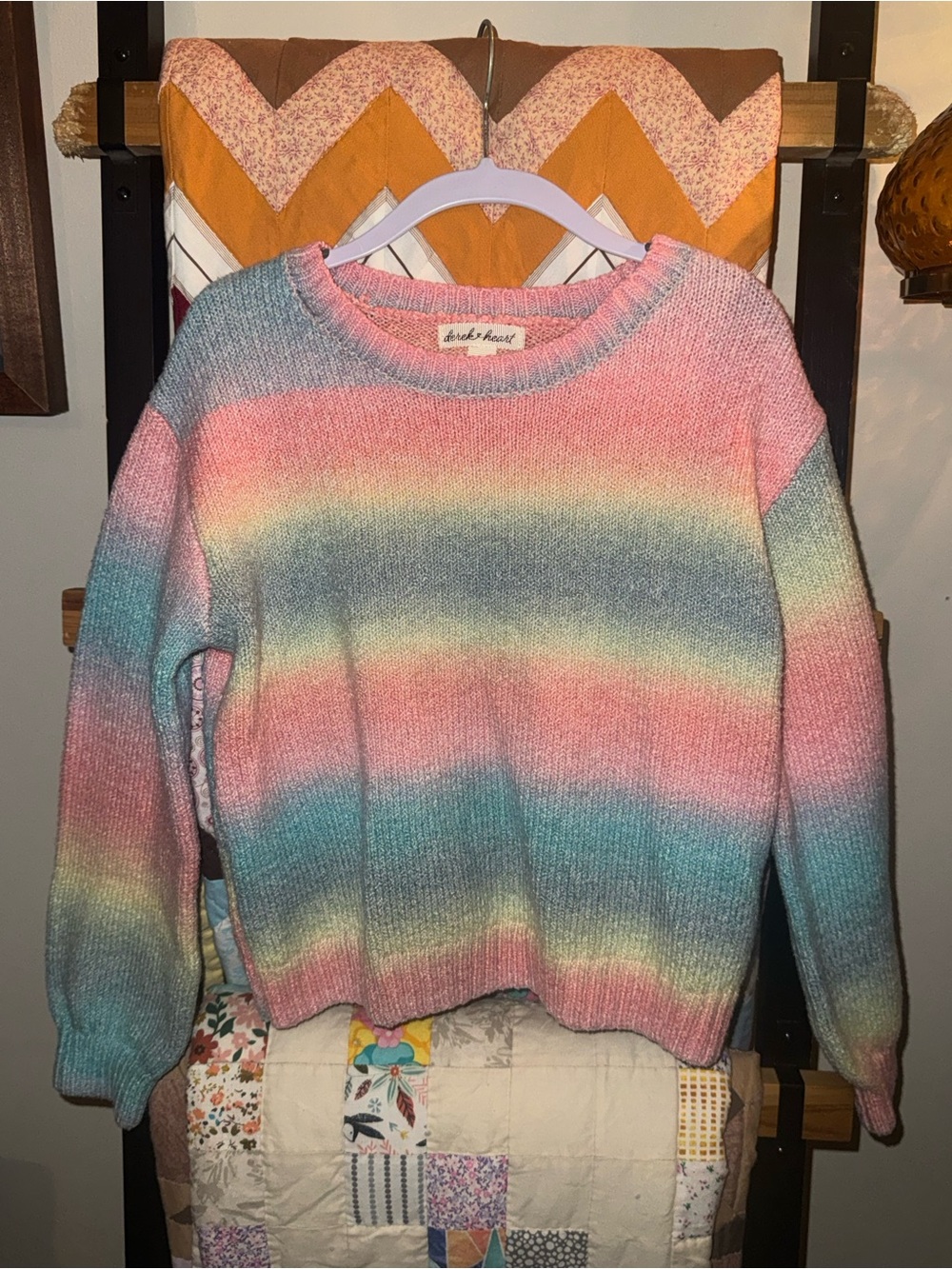 Derek Heart Pastel Rainbow Crewneck Sweater in Pink, Blue, Cream